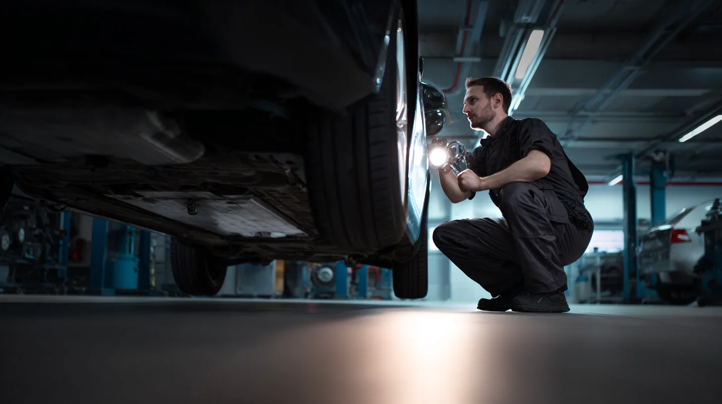 Monteur Maarten inspecteert onderstel van occasion bij Auto Danenberg
